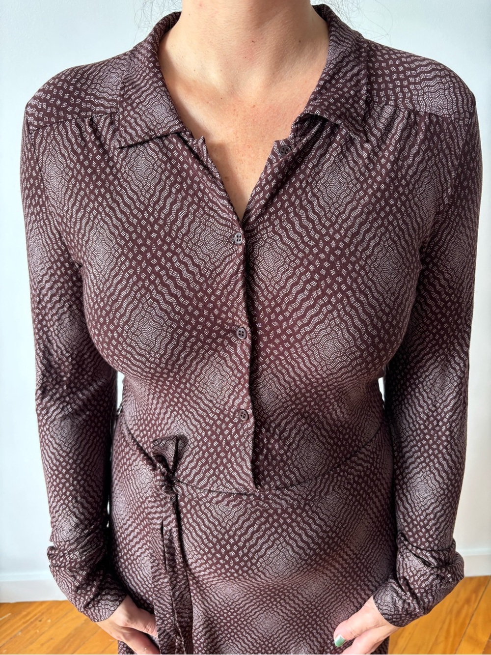 Agnes B. Stretch Brown Patterned Long-Sleeve Collared Dress